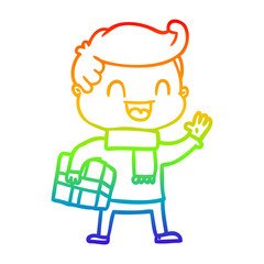 rainbow gradient line drawing cartoon laughing man holding gift