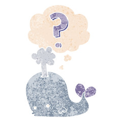 cartoon curious whale and thought bubble in retro textured style