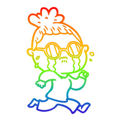 rainbow gradient line drawing cartoon crying woman wearing spectacles