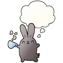 cute cartoon rabbit with coffee cup and thought bubble in smooth gradient style