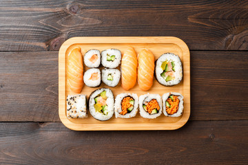 Overhead shot of Japanese sushi. Food background