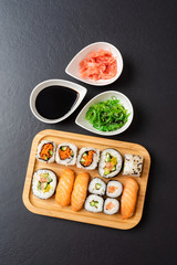 Sushi set with algae salad, soy sauce and ginger