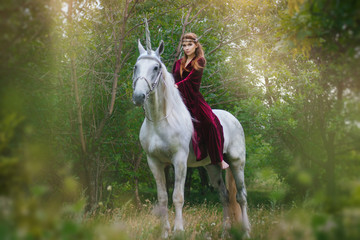 Naklejka na ściany i meble Beautiful girl in red medieval dress with unicorn. Fantasy. Woman Elf