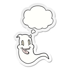 cartoon spooky ghost and thought bubble as a printed sticker