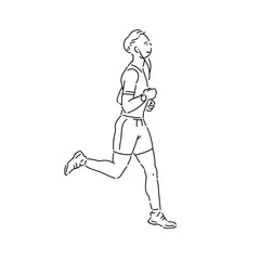 Fototapeta na wymiar Young man athlete runs with headphones vector line art flat black white sketch isolated illustration.