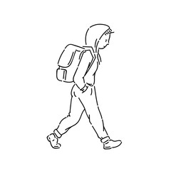 Young teen boy with backpack vector line art flat black white sketch isolated illustration.