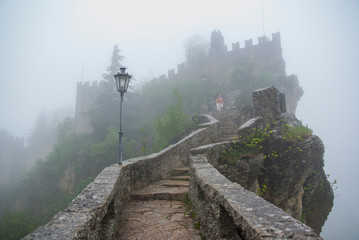 Italy. San Marino in rainy weather. San Marino fortress. 2018.