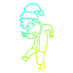 cold gradient line drawing cartoon man wearing christmas hat