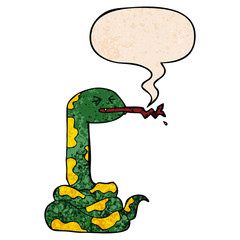 cartoon hissing snake and speech bubble in retro texture style