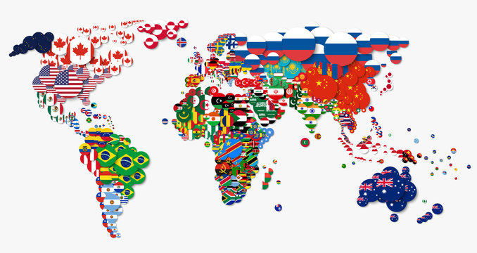 World map and all national circle country flags . Flat design . Creative concept . Vector