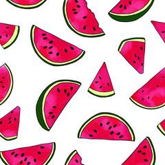 Vector seamless pattern with hand drawn watermelon slices. Isolated on white