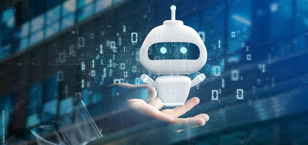 Poster businessman holding chatbot with binary code 3d rendering