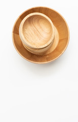 wooden tray and bowl dishware  isolated on white background,top view