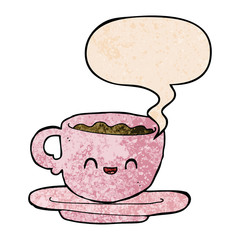 cartoon hot cup of coffee and speech bubble in retro texture style