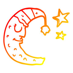 warm gradient line drawing cartoon moon with sleeping cap