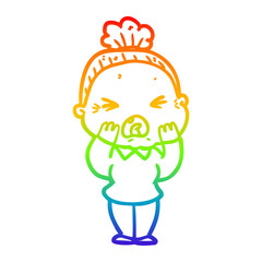 rainbow gradient line drawing cartoon angry old woman
