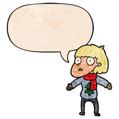 cartoon surprised christmas person and speech bubble in retro texture style