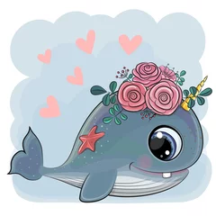 Meubelstickers Kinderkamer Schattige cartoon walvis met bloemen