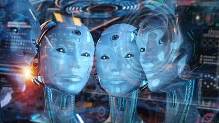 Group of female robots heads using digital hologram screens 3d rendering