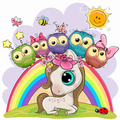 Cartoon Unicorn and Five Cute Owls is sitting on a rainbow