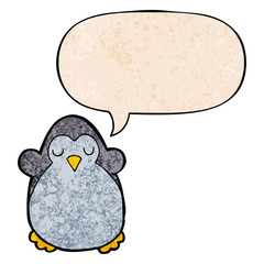 cartoon penguin and speech bubble in retro texture style
