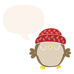 cute cartoon owl in hat and speech bubble in retro style