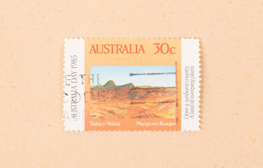 AUSTRALIA - CIRCA 1980: A stamp printed in Australia shows Sidney Nolan Musgrave Ranges, circa 1980