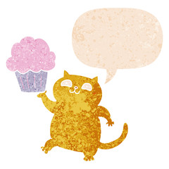 cartoon cat with cupcake and speech bubble in retro textured style