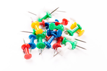 set of colorful push pins isolated on white background.