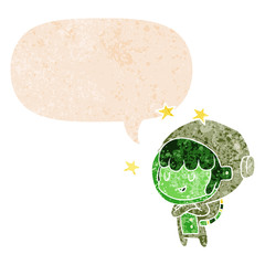 cartoon space girl and speech bubble in retro textured style