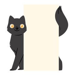 Black cat banner vector kitten character peeking behind cardboard kitty holding copy space message poster illustration set of pussycat pet animal advertising isolated on background