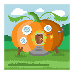 Fantasy gnome pumpkin house vector cartoon fairy treehouse and magic housing village illustration set of kids gnome fairytale pumpkin or stone playhouse for gnome background
