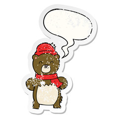 cute cartoon bear and speech bubble distressed sticker