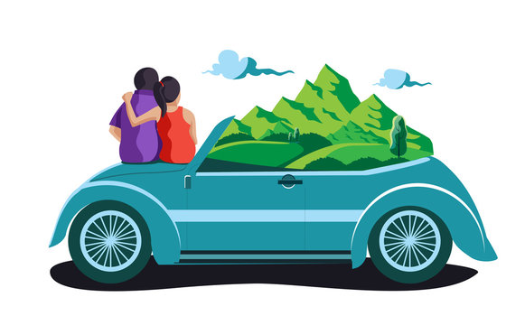 long drive couple with mountain in car
