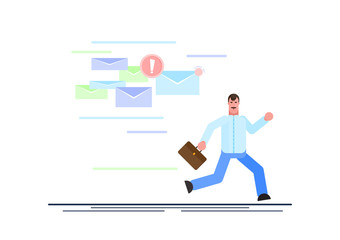 Frightened businessman is running away from a plenty emails chasing him. Effective management. Vector illustration - vector