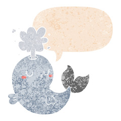 cartoon whale spouting water and speech bubble in retro textured style