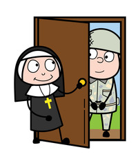 Soldier Standing on Door and Nun Welcoming Him - Cartoon Nun Lady Vector Illustration
