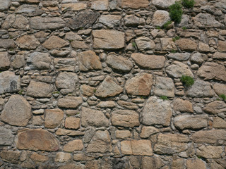 Old, rough, uneven stone wall with grass growing in cracks