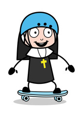 Skateboarding - Cartoon Nun Lady Vector Illustration