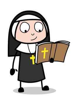 Reading Bible - Cartoon Nun Lady Vector Illustration