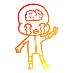 warm gradient line drawing cartoon big brain alien crying and giving peace sign