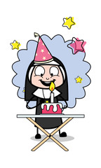 Celebrating Birthday Party - Cartoon Nun Lady Vector Illustration
