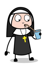 Drinking Energy Drink - Cartoon Nun Lady Vector Illustration