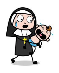 Running with Crying Baby - Cartoon Nun Lady Vector Illustration