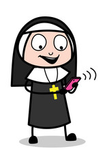 Mobile User - Cartoon Nun Lady Vector Illustration
