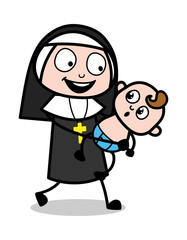 Lady Holding a Baby in Her Hands - Cartoon Nun Lady Vector Illustration