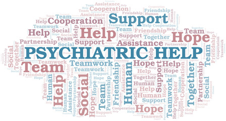 Psychiatric Help word cloud. Vector made with text only.