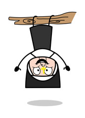 Hanging Upside Down on Branch - Cartoon Nun Lady Vector Illustration