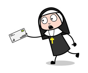Running in Hurry to Deliver the Letter - Cartoon Nun Lady Vector Illustration