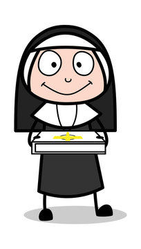 Presenting a Bible Book - Cartoon Nun Lady Vector Illustration